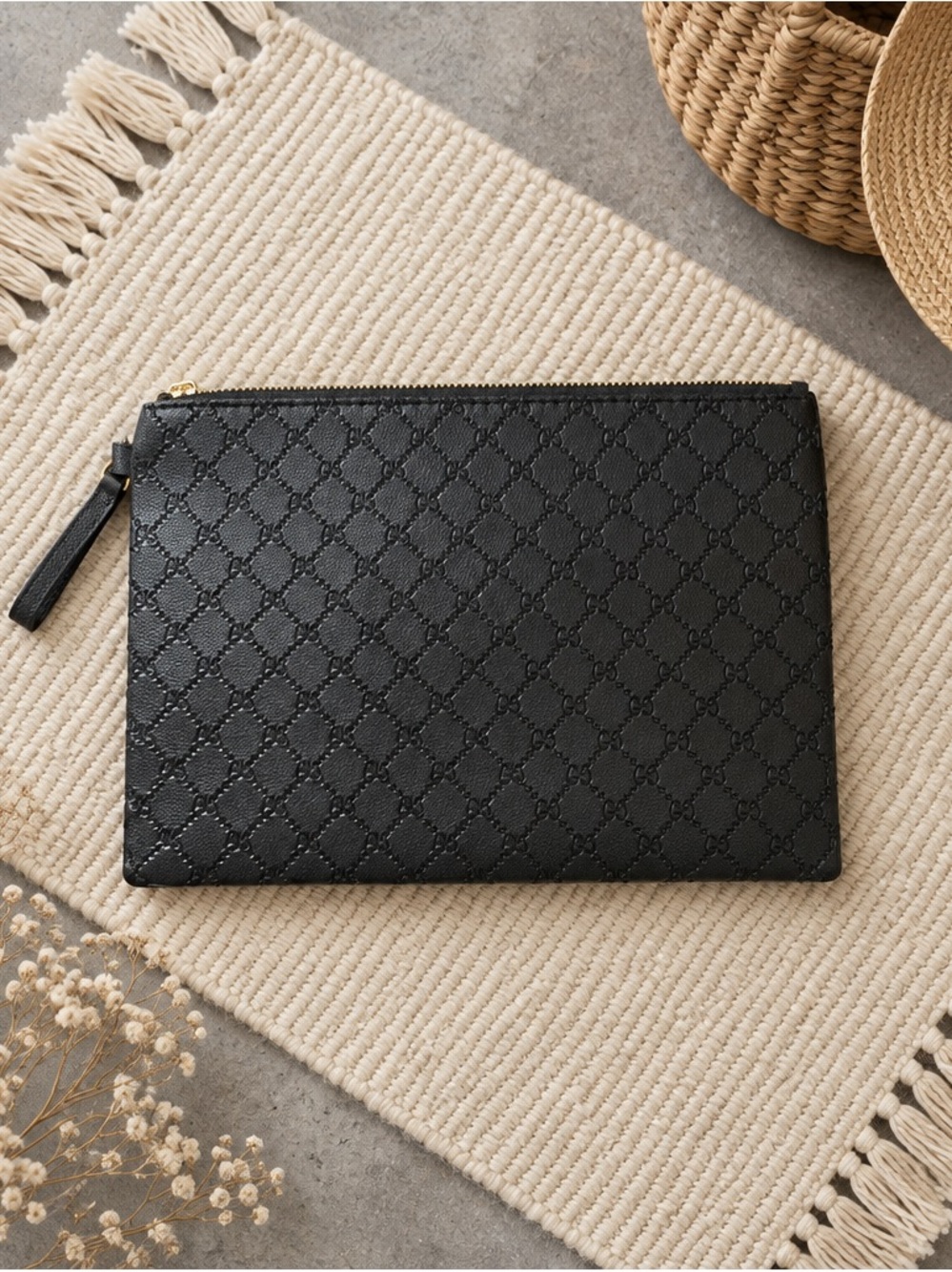 Anne Klein Black Embossed Zip Clutch